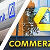 Bald ein gemeinsames Finanzinstitut? Die Firmen-Logos von der Deutschen Bank (links) und der Commerzbank.