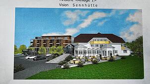Der Entwurf, wie es mal aussehen könnte: Neben das Bestandsgebäude rechts soll ein Neubau mit Appartements und Wellnessbereich. Bild: ...