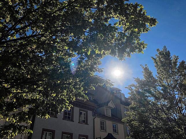 In der Bickenstraße in Villingen lugt die Sonne zwischen zwei Bäumen hervor. Das Wetter bleibt noch ein paar Tage sommerlich.