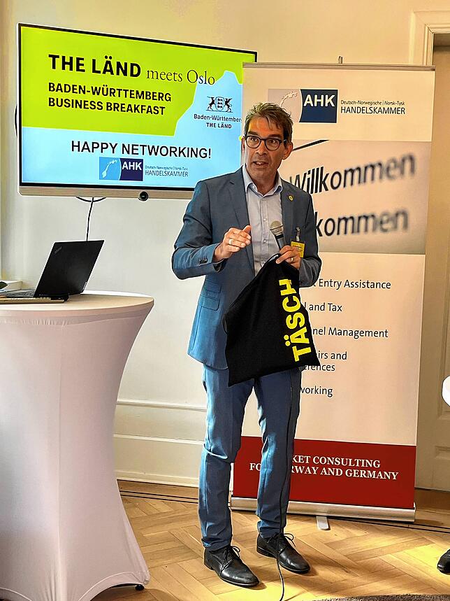 Südwest-Staatssekretär Andre Baumann, hier in der Außenhandelskammer in Oslo: „Wir brauchen künftig grüne Energie aus Skandinavien.“