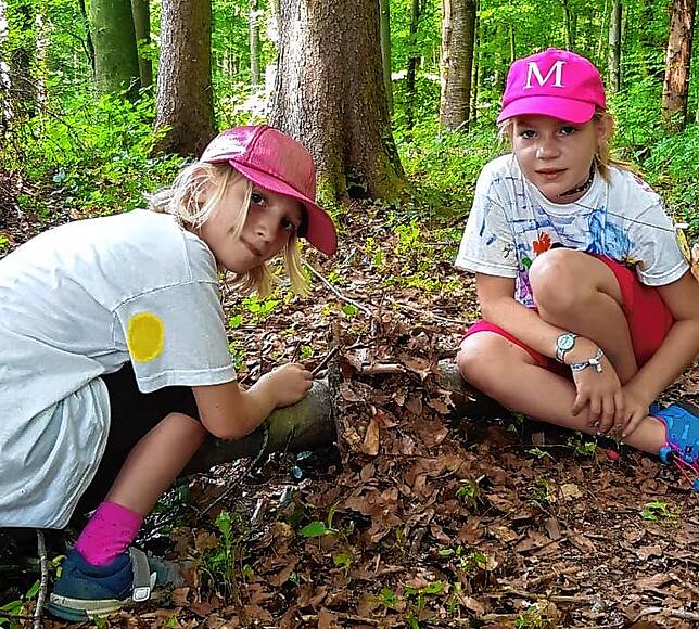 Auch auf die kleinen Waldbewohner wird geachtet: Rebekka und Miriam bauen ein Mäusehäuschen.