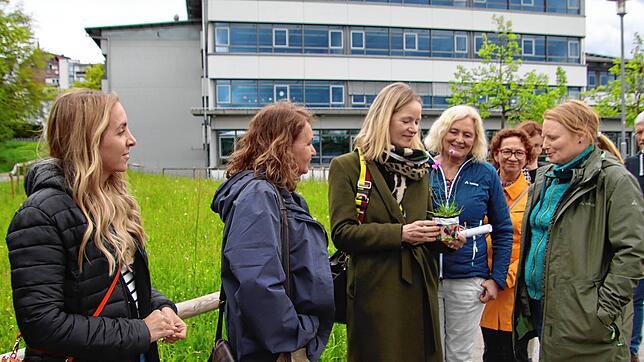 Bei der Besichtigung der Natur nah dran-Flächen am Nellenburg-Gymnasium überreichte Naturgärtnerin Melanie Klemp (rechts) ...
