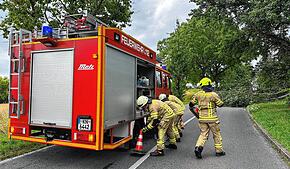 Die Einsatzkräfte der Feuerwehr beseitigen den Baum.
