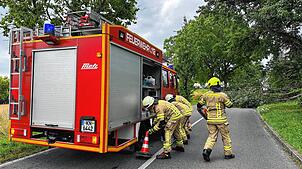 Die Einsatzkräfte der Feuerwehr beseitigen den Baum.