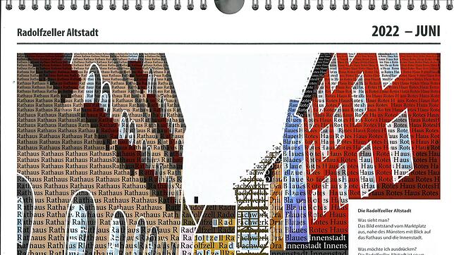 Früher war weniger Rathaus: Das Juni-Blatt im Kalender des Berufsschulzentrums markiert die Ansicht des Radolfzeller Rathauses (links) ...