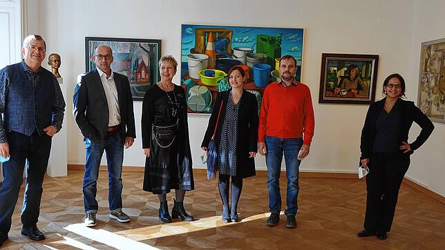 Anwesende Künstler bei der Eröffnung der Realismus-Schau in der Villa Berberich (von links) in Bad Säckingen: Lars Lehmann, Rudi ...