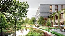 So ähnlich könnte das Zentralklinikum des Landkreises Waldshut im geplanten Gesundheitspark Hochrhein aussehen. Die Visualisierung zeigt ...