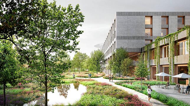 So ähnlich könnte das Zentralklinikum des Landkreises Waldshut im geplanten Gesundheitspark Hochrhein aussehen. Die Visualisierung zeigt ...