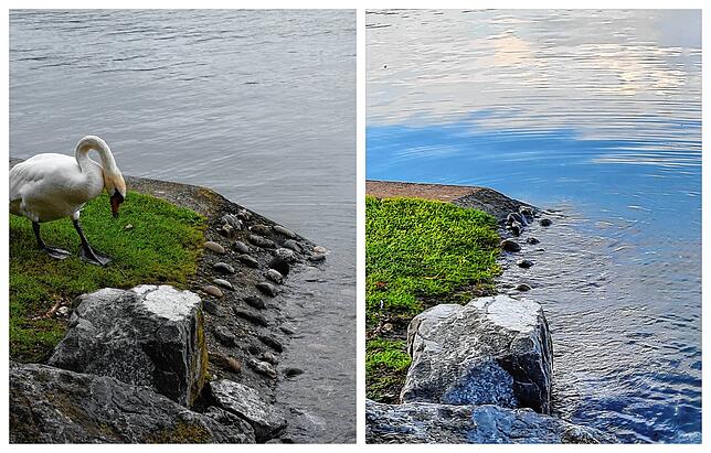 Donnerstag links, Freitag rechts: So schnell ist der Wasserstand in Bodman am Uferpark in der letzten Zeit gestiegen.