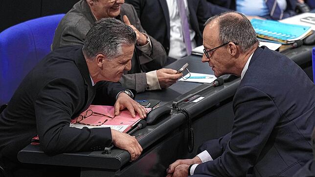 Thorsten Frei (links) im Bundestag im Gespräch mit dem künftigen Kanzler Friedrich Merz.
