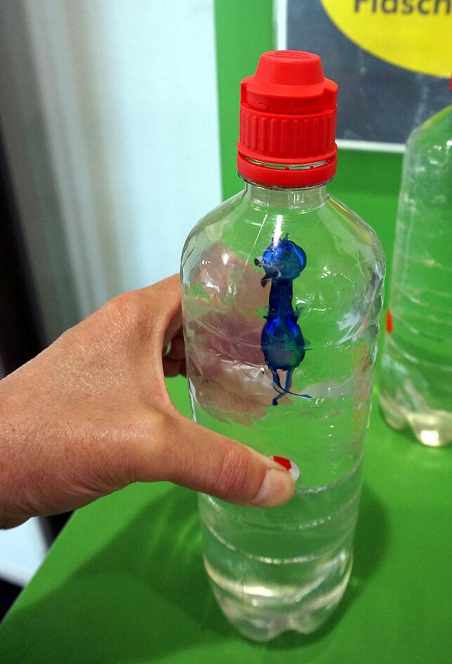 Ein Phänomen: Drückt man die Flasche zusammen, sinkt der Flaschenteufel nach unten – warum, das erklärt diese Station.