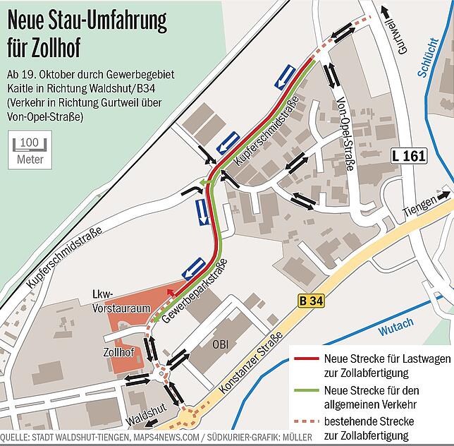 Bild 1: Ist das die Lösung des Stauproblems rund um den Waldshuter Zoll? Die Kupferschmidstraße wird zur Einbahnstraße