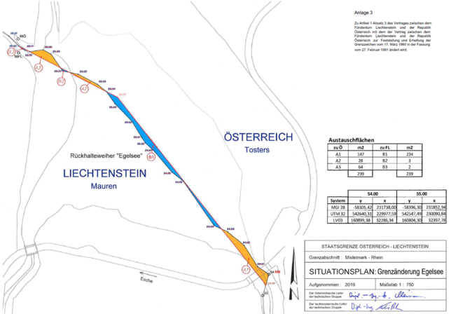 Die orangefarbenen Flächen fallen an Österreich, die blauen an Liechtenstein.