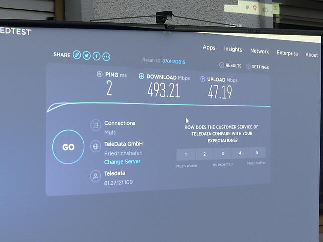 Der Beweis: Beim Speed Test wurden knapp 500 Mbit/s angezeigt, 300 mehr als zugesagt.