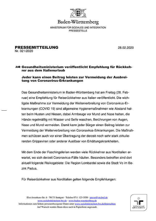 Empfehlungen für Italien-Rückkehrer Empfehlungen für Italien-Rückkehrer
