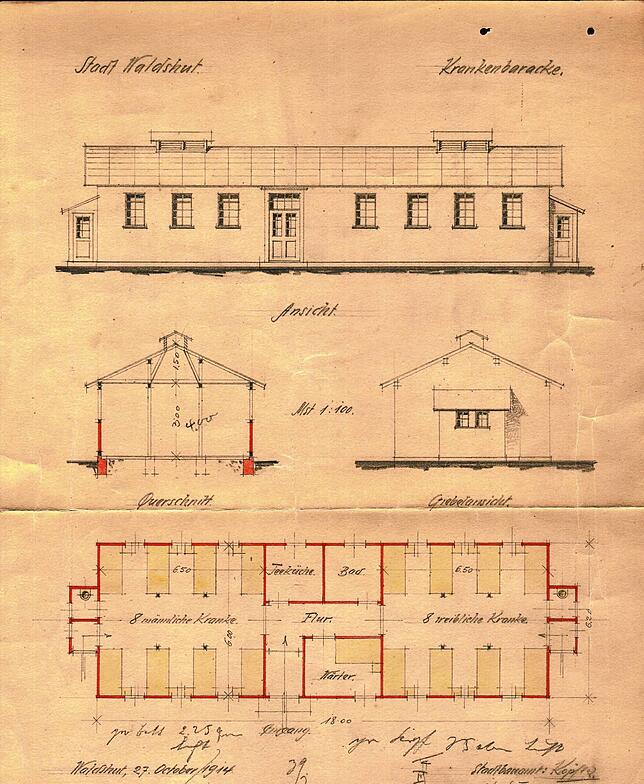 Die 1914 geplante Isolierbaracke für Erkrankte in Waldshut.