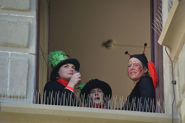 Was kommt da wohl von draußen rein? Städtische "Glücksbringer" betrachten das Narrentreiben vom Rathaus aus. Bild: Sylvia Floetemeyer