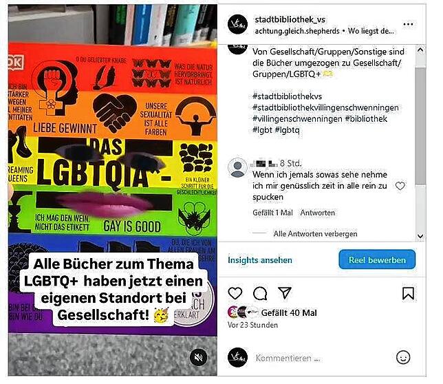 Einen Hasskommentar gibt es nach dem Instagram-Post zu der neuen Themen-Kategorie „LGBTQ+“. Die Stadtbibliothek VS lässt ihn sofort löschen.