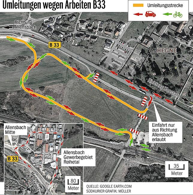 Bild 1: Neue Umleitung auf und neben der B 33 in Allensbach