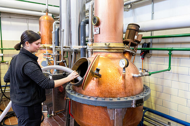 Schnapsbrenner liefern Alkohol für Desinfektionsmittel Staufen im Breisgau: Clara Löffler, Destillateurin bei der Alfred Schladerer Alte Schwarzwälder Hausbrennerei GmbH, füllt Rohmaterial ...