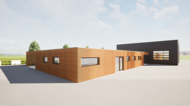 Das geplante Gerätehaus in einer Computer-Darstellung: Im flachen Gebäudeteil sollen Schulungsraum, Umkleiden und WCs untergebracht werden.