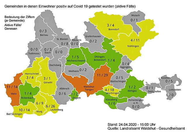 Zahl der bestätigten Covid-19-Infektionen und der Genesenen in den Städten und Gemeinden im Landkreis Waldshut am 24. April 2020