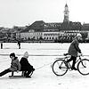 Fahrrad zieht Schlitten, im Hintergrund ist Überlingen zu sehen.