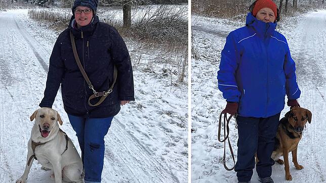 Barbara Spruth mit ihrem Hund Hugo (linkes Bild) und Ute Jauch mit ihrer Mischlingshündin Maja (beide aus Schwenningen) halten die ...