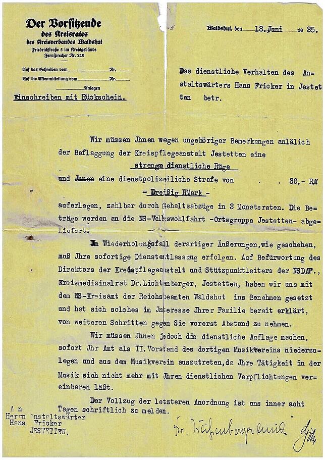 1935 erhielt Johannes (Hans) Fricker eine „strenge dienstliche Rüge“ wegen „ungehöriger Bemerkungen“ bei einer ...