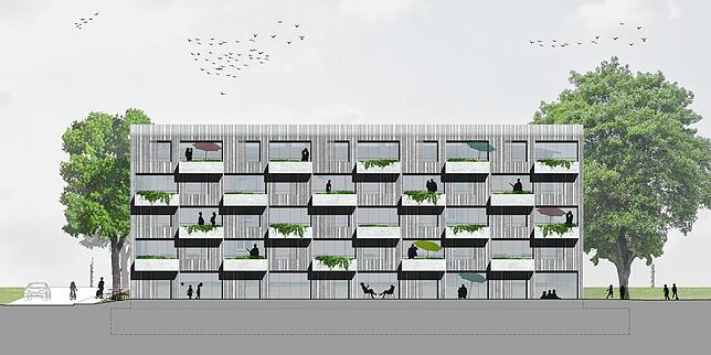 Von der Westseite aus betrachtet soll der Neubau mit 20 Wohnungen so aussehen &ndash; wobei der Gestaltungsbeirat wünscht, dass das ...
