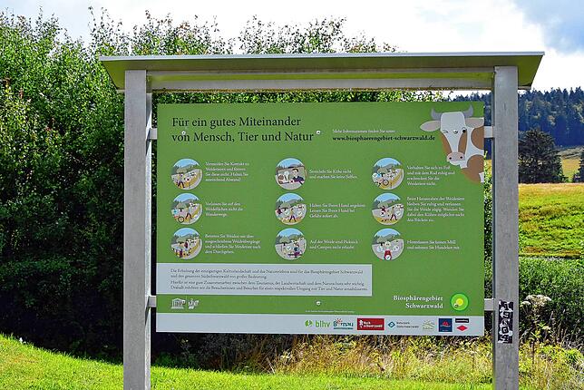 Eine Schautafel des Biosphärengebietes Schwarzwald informiert im Loipenzentrum in Oberlehen.