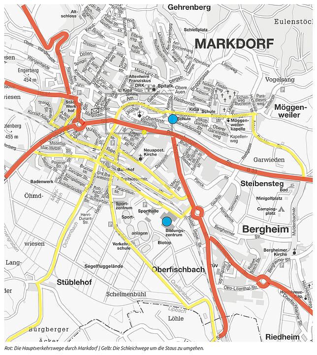 In Rot die Hauptverkehrswege durch Markdorf, in Gelb die Schleichwege, um die Staus zu umfahren.