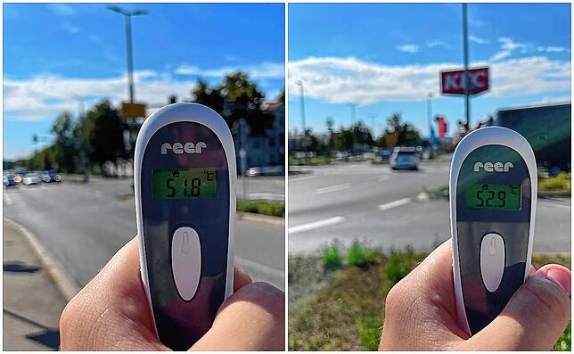 Links am Eiscafé Milano und rechts der Höchstwert bei der Volksbank in der Südstadt.