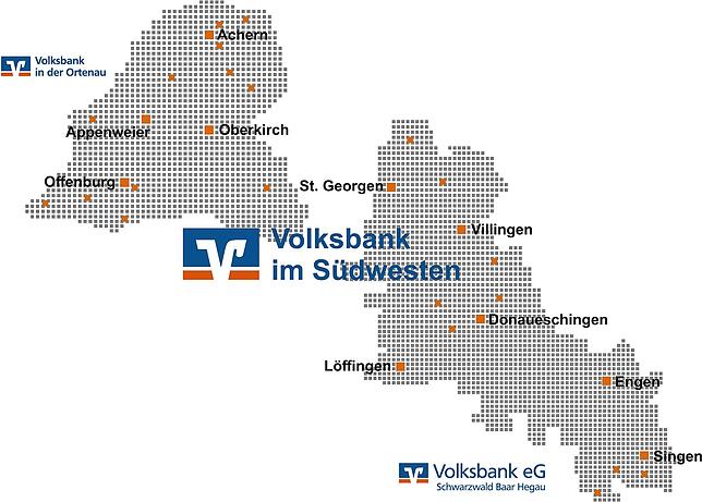 Das Verbreitungsgebiet der geplanten „Volksbank im Südwesten“ erstreckt sich von Singen bis Achern. Im weißen Fleck zwischen ...