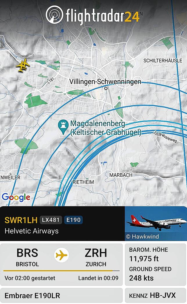 Dieser Screenshot der Flug-Beobachtungsseite Flightradar24 zeigt zum Beispiel, dass eine Maschine der Helvetic Airlines aus Bristol ...