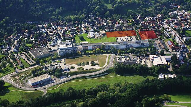 Das Wehrer Novartis-Areal von oben: Rot markiert die Grundstücke, die nun an die Stadt Wehr verkauft wurden.