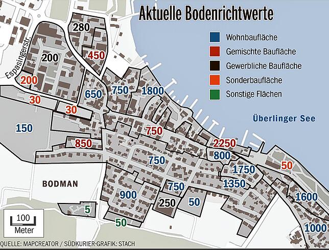 Daten aus dem Portal für Bodenrichtwerte zeigen den Zickzack in der Kaiserpfalzstraße. Grundstücke mit Seezugang haben höhere ...