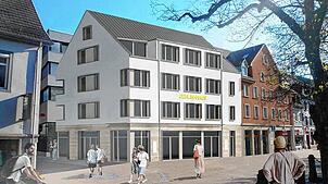 Ausblick: So soll das neue „Uehlin-Haus“ dann aussehen, wenn es gebaut ist. Bild: Wilhelm und Hovenbitzer Freie Architekten BDA