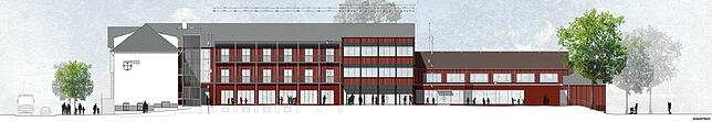So soll die Grundschule Allmannsdorf künftig aussehen, wie diese Visualisierung zeigt. Ein dreigeschossiger Neubau ersetzt den bisher ...