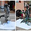 Jemand hat Spülmittel in den Brunnen der Gemeinsamkeit auf dem Gustav-Hammer-Platz (rechts) geschüttet, so dass Schaum entstanden ist. ...
