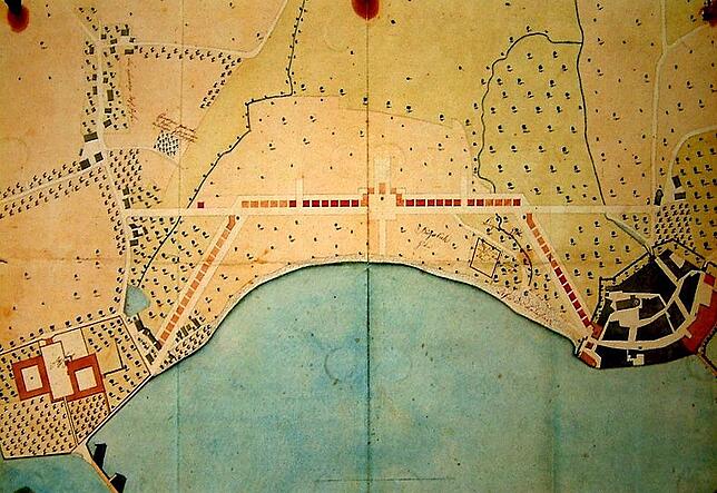 1811: Die Planung grenzt bereits durch die Straßenverbindung vom Dorf und Kloster Hofen (links) zur Reichsstadt Buchhorn das künftige ...
