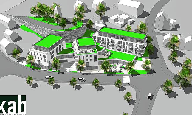 Eine Darstellung des geplanten Seniorenzentrums an der Dillstraße: So ist die Anordnung der neuen Gebäude geplant. Oben links ist der ...
