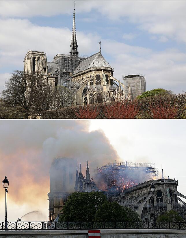 Oben: Die Rückseite von Notre Dame vor dem Brand. Unten: Die brennende Kathedrale mit bereits eingestürzter Turmspitze.