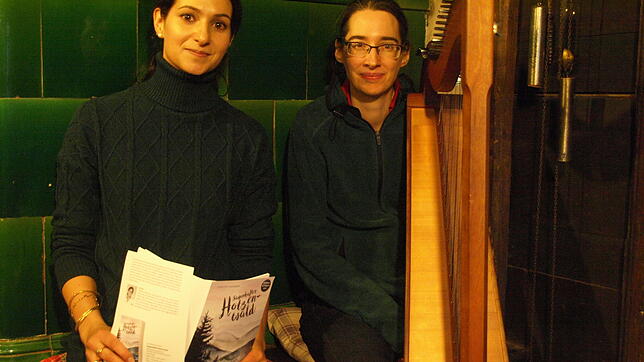 Autorin Sandhya Hasswani und Harfenistin Isabelle Pampuch führten die Tradition der Stubenmusiken am Klausenhof fort.