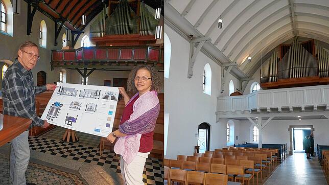 Vorher &ndash; nachher: Links Ulrich Hofmann und Pfarrerin Susanne Illgner in der &bdquo;alten&ldquo; Christuskirche mit Plänen des ...