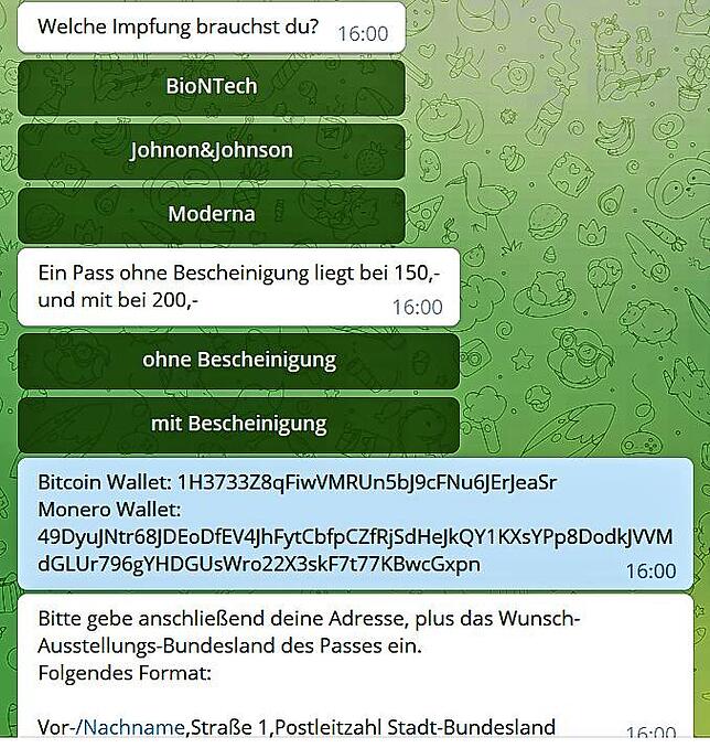 Vollautomatische Antwortassistenten auf Telegram sollen die Identität von illegalen Impfpass-Verkäufern verschleiern.