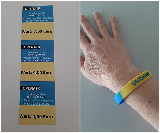 Wer eine Bonkarte kauft und spendet, bekommt als Dank und als Zeichen der Solidarität ein Armband in den ukrainischen Landesfarben.