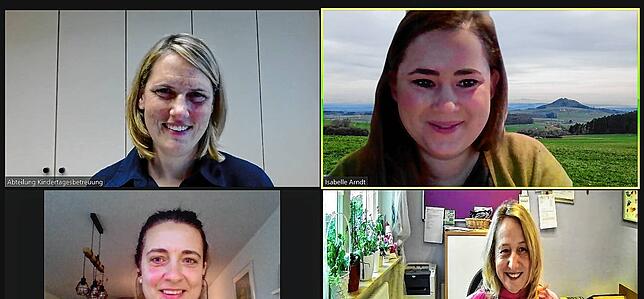 Leonie Braun (von links oben) im digitalen Gespräch mit Redakteurin Isabelle Arndt, Mutter Kristin Sorg sowie Karin Bähn, Leiterin des ...