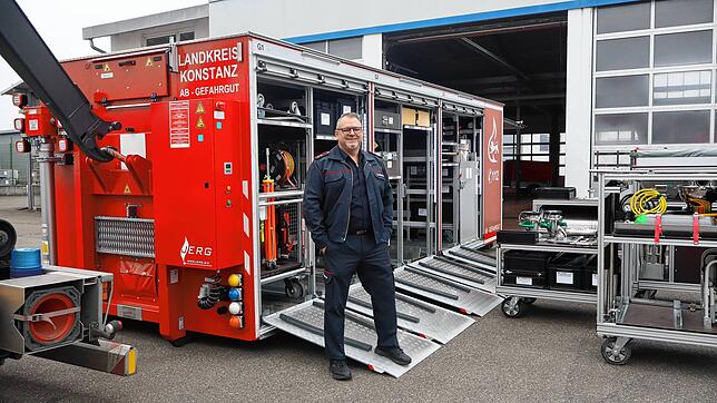 Der Gefahrstoffzug der Singener Feuerwehr, geleitet von Nelson Luzio, besitzt den Container „Abrollbehälter Gefahrgut“ für ...