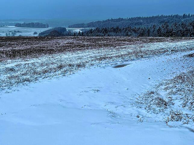 Von Waldshut in Richtung Waldhaus an der B500 liegen die Felder unter einer zarten Schneedecke.